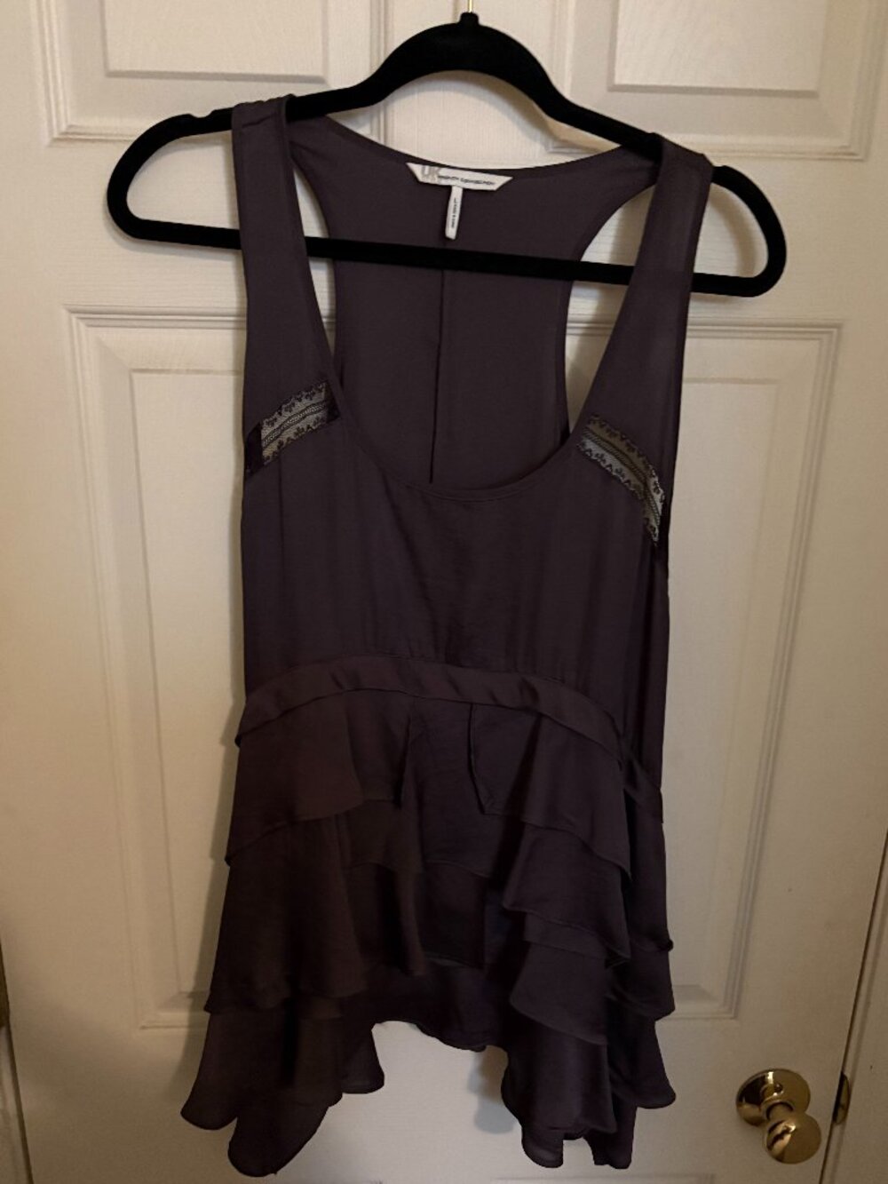 French Connection Layered Peplum Gunmetal Gray Satin & Black Lace Y2K Top (L)